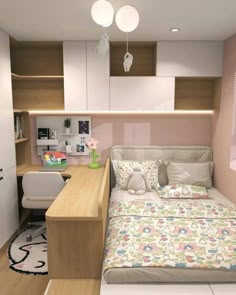 a small bedroom with a bed, desk and shelves in the closet area is shown