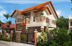 this is a 3d rendering of a two story house with balconyes and balconies