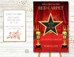 a red carpet event poster with two oscar statues and a welcome sign for the guests