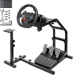 an image of a steering wheel and pedals set up for racing on the nintendo wii