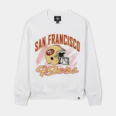 The San Francisco 49ers Headline Men's Crewneck is a cozy and stylish sweatshirt that proudly displays the team's logo on the chest. Made for comfort, it features ribbed cuffs, collar, and hem for a snug fit. This crewneck is a must-have for any 49ers fan looking to stay warm while showing off their team spirit. 49ers Sweatshirt, Mens Crewneck, 49ers Fans, Shoe Palace, Mens Trucker Hat, Sf 49ers, Mens Lifestyle, 47 Brand, San Francisco 49ers