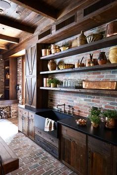 the kitchen is decorated in rustic style