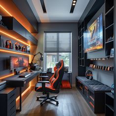 a room with a desk, chair and television on the wall above it is lit up by orange leds