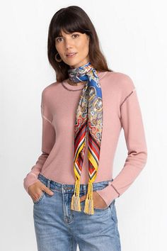 Imagined in lustrous silk, the Hillan Scarf is an artistic rendition of a timeless accessory. Underscored with a glamorous feel, this scarf is elevated by white tassels and a striking pattern in saturated tones. Tie this scarf around the neck and pair with a sweater and jeans for a fanciful take on laid-back dressing. Johnny Was Women's Hillan Yellow Scarf, Silk Designer Silk Scarves For Fall, Elegant Multicolor Scarves For Fall, Fall Multicolor Silk Scarf, Sweater And Jeans, Boho Scarf, Silk Tassels, Yellow Scarf, Boho Scarfs, White Tassel