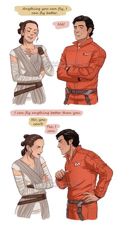 the star wars characters are talking to each other, and one is wearing an orange shirt