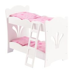 a doll house bunk bed with pink sheets