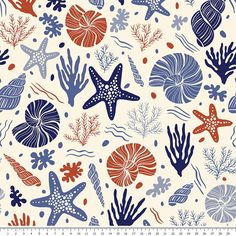 a blue and red sea life pattern with corals, starfish, and other marine creatures