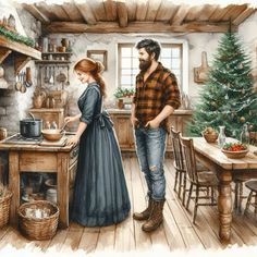 a man and woman standing in a kitchen next to a table with a christmas tree