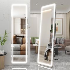 an illuminated mirror in the middle of a living room