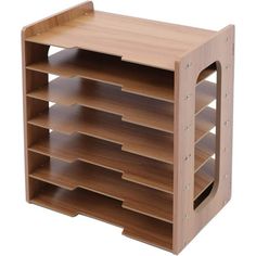 a wooden shelf with multiple compartments on each side