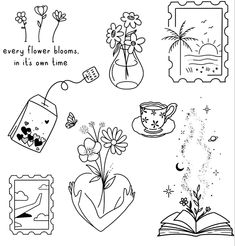 a black and white drawing of flowers, books, and other things in it's own time