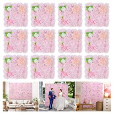 wedding photo collages with pink flowers and green leaves on the wall in front of them