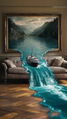 a living room with a painting on the wall and water running down it's floor