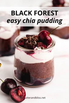 two desserts with cherries and chocolate shaving on the top one is in a glass jar