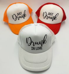 "This listing is for one custom trucker hat with your choice of hat color and design color. For the design, choose from the attached \"solids\" and \"glitter\" charts. The trucker hat has a polyester foam front, see-through mesh back, and an adjustable plastic strap on the back for sizing. The designs are added with heat transfer vinyl. Do not wash, dry, or iron the hat; spot clean only. HOW TO ORDER MORE THAN ONE STYLE/COLOR COMBINATION: 1) Choose a hat color. 2) Choose your design and text col Trendy White Mini Hat For Party, White Adjustable Baseball Cap For Party, White Snapback Hat For Party, White Letter Print Hat As Gift, White Snapback Party Hat, White Trucker Baseball Cap For Party, White Snapback Trucker Hat For Party, Customizable Adjustable Party Hats, White Novelty Hat As A Gift