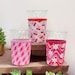 several pink and green vases sitting on top of a wooden shelf next to plants