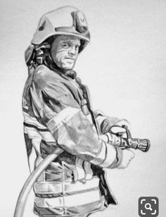 a drawing of a fireman holding a hose and wearing a helmet with his arms crossed