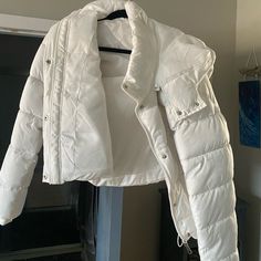 White Jacket For Winter. New, Never Worn! Winter White Fitted Casual Outerwear, Fitted White Puffer Jacket For Winter, Casual Fitted Winter White Outerwear, Fitted Casual Winter White Outerwear, Fall Snow Outerwear With Long Sleeves, Long Sleeve Outerwear For Snow In Fall, Fitted White Puffer Outerwear, White Long Sleeve Outerwear For Snow, Fitted White Puffer Jacket For Fall