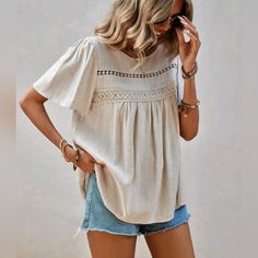 New Boho Lace Trim Linen Blend Babydoll Top * Short Sleeve * Round Neck * Sheer Crochet Lace * Loose Oversized Fit *Approximate Unstretched Measurements* Xs (2) * Bust 49.76" * Sleeve 8.75" * Length 24.5" Small (4) * Bust 51.25" * Sleeve 9" * Length 25" Medium (6) * Bust 52.75" * Sleeve 9.25" * Length 25.25" Large (8/10) * Bust 55" * Sleeve 9.5" * Length 26" On Order * Will Ship In 6-12 Days. Fabric : Soft Flowy Woven Viscose & Linen Color : Beige Tan Cream #Spring Summer Kimono Sundress Winter Beige Solid Color Blouse For Summer, Solid Color Beige Summer Blouse, Cute Beige Summer Tops, Cream Short Sleeve Top For Beach, Summer Short Sleeve Tops With Crochet Trim, Summer Tops With Crochet Trim And Short Sleeves, Beige Lace Trim Top For Summer, Beige Crochet Trim Blouse For The Beach, Beige Crochet Trim Blouse For Beach