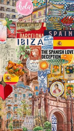 the collage is made up of many different pictures and words, including an image of barcelona