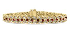 Traditional yet modern, this bracelet adds an elegant touch of color whether one is dressing casual or fancy. Gemstones Type: Ruby Gemstones Shape: Round Gemstones Weight: 1.10 ct Gemstones Color: Red Total Diamond Weight: 3.28 ct Diamond Color: H - I Diamond Clarity: SI - I (Slightly Included - Included) Metal: 14K Yellow Gold Metal Wt: 20.50 gms Setting: Prong Set Length: 6.9 Inches (17.53 cms) Width: 0.26 Inches (0.66 cms) All our bracelets have two locks for added security. Modern Diamond Gemstone Bracelets, Modern Diamond Bracelets With Gemstones, Modern Diamond Bracelet With Gemstones, Luxury Bracelets With Gemstone Accents For Formal Occasions, Luxury Bracelets With Gemstone Accents For Formal Events, Luxury Gemstone Accented Bracelets For Formal Occasions, Elegant White Gold Bracelets With Gemstone Accents, Diamond Bracelets With Gemstone Accents For Anniversary, Round Cut Gemstone Bracelets For Anniversary