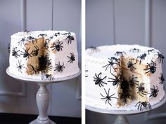 two pictures of a cake with spider webs on it