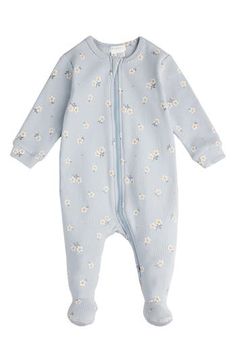 Mini daisies dot supersoft ribbed organic-cotton footie pajamas made with a handy two-way zipper. This item is designed to fit snugly, as it is not flame-resistant Two-way front-zip closure with chin guard 95% organic cotton, 5% elastane Machine wash, tumble dry Imported Cute Blue Short Sleeve Onesie, Mini Daisies, Fitted Blue Printed Onesie, Cotton Sleepwear With Star Print, Footie Pajamas, Fleece Baby Pajamas, Coverall Jumpsuit, Baby Footie Pajamas, Footie Pajama