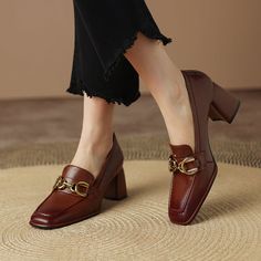 Step into style with our women's loafers with heels. These shoes are perfect for work or play. and they'll keep you looking sharp all day long. The cognac-colored leather is rich and luxurious. and the square toe gives them a classic look. The gold metal detailing adds a touch of sophistication. and the low heel makes them comfortable to wear all day long. Whether you're headed to the office or out on the town. these loafers will have you looking your best. Upper: Lambskin Lining: Leather Outsol Luxury Square Toe Loafers For Business, Luxury Traditional Closed Toe Loafers, Luxury Slip-on Square Toe Leather Shoes, Luxury Classic Dress Shoes With Square Toe, Elegant Slip-on Platform Loafers For Office, Block Heel Oxfords For Office, Low Heel Court Shoes For Office In Fall, Fall Office Court Shoes With Low Heel, Classic Brown Platform Loafers For Work