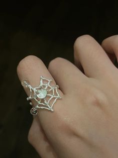 Spiderweb Crystal Silver Ring | Jewelry | Three Fleas Arts University, Jewelry Pearls, University Graduate, Thigh Chain, Dark Aesthetics, Spider Webs, Romantic Roses, Silver Jewelry Rings, London Art