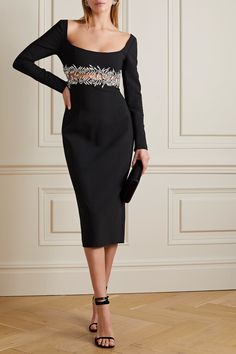 Black Crystal-embellished wool-blend midi dress | OSCAR DE LA RENTA | NET-A-PORTER Formal Long Sleeve Embellished Midi Dress, Long Sleeve Embellished Midi Dress For Dinner, Formal Embellished Sheath Midi Dress, Kate Core, Crop Top Skirt Set, Oscar Dresses, Dresses Cocktail, Flowers Bloom, Crop Top Outfits