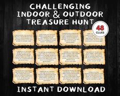 a poster with instructions on how to use the outdoor and indoor treasure hunt for kids