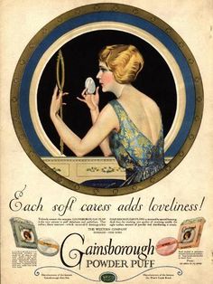 an old advertisement with a woman holding a mirror and looking at it in the mirror