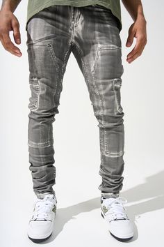 The "TIBURON" jeans are grey with a white base fabric. Grey over spray effect. Carpenter construction. DETAILED FEATURES: Stretchability: MEDIUM STRETCH Grey over spray with white base fabric Each pair is unique Fitted construction Signature "leather" waistband label SERENEDE® branded hardware Five-pocket styling Zipper fly 5.5" W Ankle opening Designed in California Imported FIT INFO: Signature skinny fit Model is 5'4" / 145 Ibs wearing a size 28. SIZE RECOMMENDATION: Go with your regular waist Gray Distressed Jeans For Streetwear, Urban Gray Distressed Jeans, Urban Distressed White Jeans, Urban Gray Jeans For Streetwear, Urban Style Gray Jeans For Streetwear, Light In The Dark, Fitness Models, Grey, How To Wear