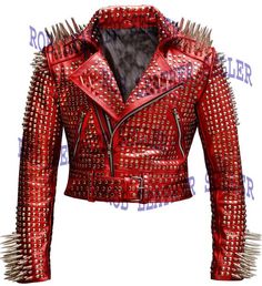 Customize Red Brando Belted Leather Jacket Silver Spike Studded Leather Brando Jacket Spiked Men Leather Jacket Gents Biker JacketRed ColorSilver StuddedSpike StudsLapel Collar ShapeZipper PocketsSide Zipper ClosureInside Zipper PocketBuckle Belt On Waist100% Genuine LeatherMen Bikers JacketStudded Jacket made with 100 % Genuine Top Quality Cowhide Leather Silver  StuddedHigh Quality Studs. Each securely added by hand Cropped, Vintage - Inspired Motorcycle / Moto / Biker Fit0.9 to 1.0 MM Cowhide Spiked Leather Jacket, Punk Leather Jacket, Women Motorcycle, Studded Leather Jacket, Womens Biker Jacket, Studded Jacket, Slim Fit Jackets, Real Leather Jacket, Motorcycle Women