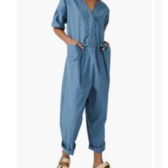 New Tagged Lightweight Cotton, Pockets Blue V-neck Relaxed Fit Jumpsuits And Rompers, Blue V-neck Relaxed Fit Jumpsuit, Blue Relaxed Fit Overalls, Blue Cotton Jumpsuits And Rompers With Relaxed Fit, Blue Denim V-neck Jumpsuit, Blue V-neck Denim Jumpsuit, Blue Overall Jumpsuit For Work, Cotton V-neck Jumpsuit For Work, Blue Relaxed Fit Denim Jumpsuit For Work