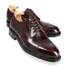 BURGUNDY CORDOVAN DERBY SHOES Classic Dress Shoes With Red Sole And Round Toe, Classic Dress Shoes With Red Sole And Plain Toe, Classic Lace-up Dress Shoes With Red Sole, Classic Brown Oxfords With Red Sole, Classic Low-top Leather Shoes With Goodyear Welt, Classic Low-top Oxfords With Rubber Heel Cap, Classic Brown Closed Toe Sneakers, Classic Low-top Derby Shoes With Rubber Sole, Classic Closed Toe Formal Sneakers