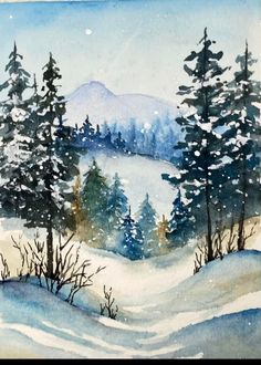 a watercolor painting of snow covered trees in the distance with mountains in the background