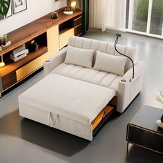 a living room scene with focus on the sofa