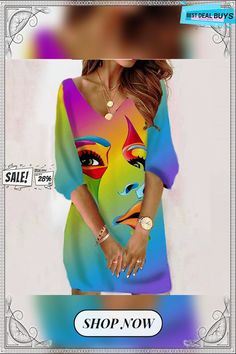 Women's Casual Dress Bodycon Sheath Dress Mini Dress Black Blue Rainbow 3/4 Length Sleeve Abstract Print Winter Fall V Neck Vacation Loose Fit S M L Xl Xxl 3xl Multicolor Half Sleeve Dresses, Multicolor Party Dress With 3/4 Sleeves, Multicolor 3/4 Sleeve Party Dress, Multicolor V-neck Vacation Cover-up, Blue Printed Dress With 3/4 Sleeve, Multicolor V-neck Beach Cover-up, Multicolor Print V-neck Vacation Kaftan, Spring V-neck Mini Dress With Abstract Print, V-neck Abstract Print Beach Dress