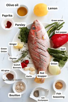 a fish on a plate with all its ingredients labeled in the top right hand corner