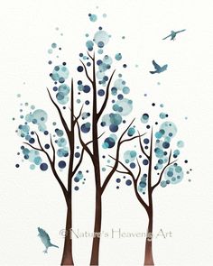 watercolor painting of trees with birds flying in the sky