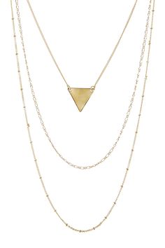 14K gold plated triple layer triangle necklace. Lobster clasp. Approx. 16" shortest length, 20" middle length, 23" longest length. Approx. 17.5mm triangle pendant, 1mm station beads. ImportedOrders cannot be shipped to Canada, Puerto Rico, APO, FPO or P.O. Boxes. Triangle Necklace, Triangle Pendant, Keep Jewelry, Gold Details, Gold Chains, Puerto Rico, Womens Jewelry Necklace, Nordstrom Rack, Arrow Necklace