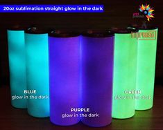 glow in the dark water bottles are shown with different colors and sizes for each one