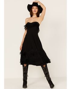 Unique Vintage Women's Fringe Girlie Dress, Black Fitted Fringe Dress With Spaghetti Straps, Summer Strapless Dress With Feather Trim, Strapless Summer Dress With Feather Trim, Formal Dress With Cowboy Boots, Black Dress Boots, Edgy Wedding, Dresses With Cowboy Boots, Black Fringe Dress, Dress Boot