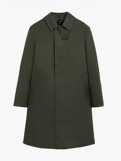 Green cotton CAMBRIDGE single-breasted car coat from MACKINTOSH featuring spread collar, long sleeves, concealed front button fastening, thigh-lenght and rear central vent. Car Coat, Green Coat, Suit Accessories, Green Cotton, Long Coat, Three Quarter, Mens Coats, Black Cotton, Chef's Jackets