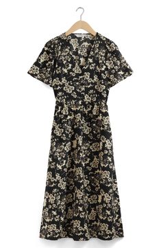 An enchanting floral pattern brightens up a flutter-sleeve midi dress in a classic A-line silhouette. 46 1/2" length (size 4) Front button closure V-neck Short sleeves Side-seam pockets Unlined 85% viscose, 15% polyamide Dry clean Imported Midi Dress With Sleeves, Floral Midi Dress, Floral Dress Black, Nordstrom Dresses, Flutter Sleeve, Floral Dress, Floral Pattern, Short Sleeves, Midi Dress