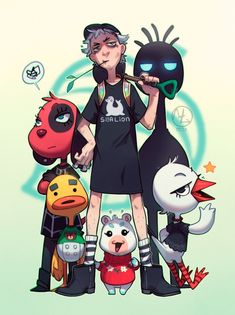 an image of a cartoon character with many other characters around him and one person holding a mask