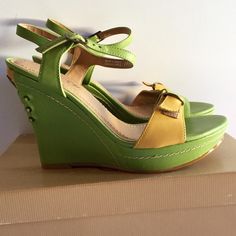 Yellow Wedge Sandals Maven By Mercy New In Box Made In Brazil Color- Green/Yellow 4” Wedge Yellow Wedges, Brown Wedge Heels, Peep Toe Wedge Sandals, Slipon Shoes, Colorful Heels, Leopard Heels, Brown Wedges, Rhinestone Sandals, Strappy Wedges