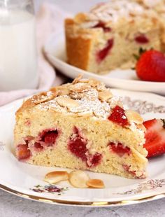 a slice of strawberry coffee cake on a plate