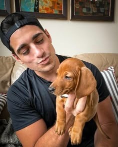 a man sitting on a couch holding a puppy